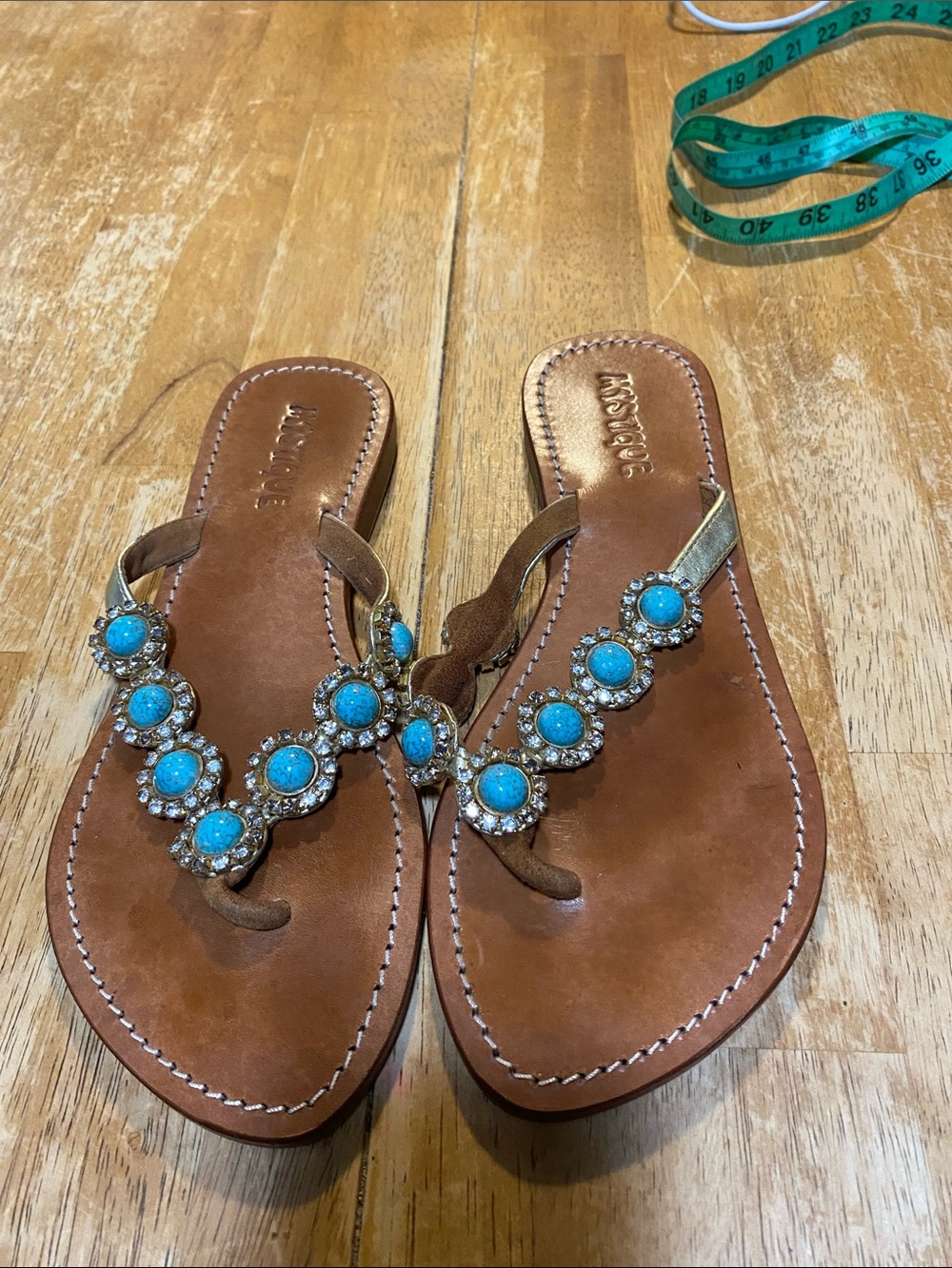 Beautiful!!Mystique Boutique Brown Sandals with Turquoise and Crystal Accents